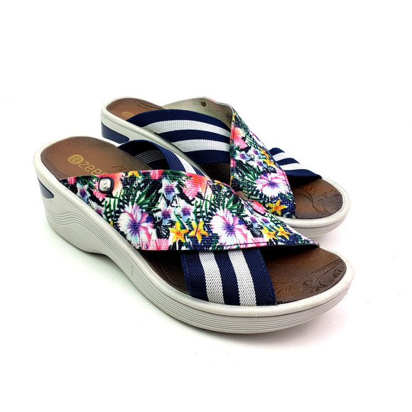 Bzees Shoes - Bzees Desire Womens Size 6.5 Gray Blue Floral Slip On Wedge Slide Sandals